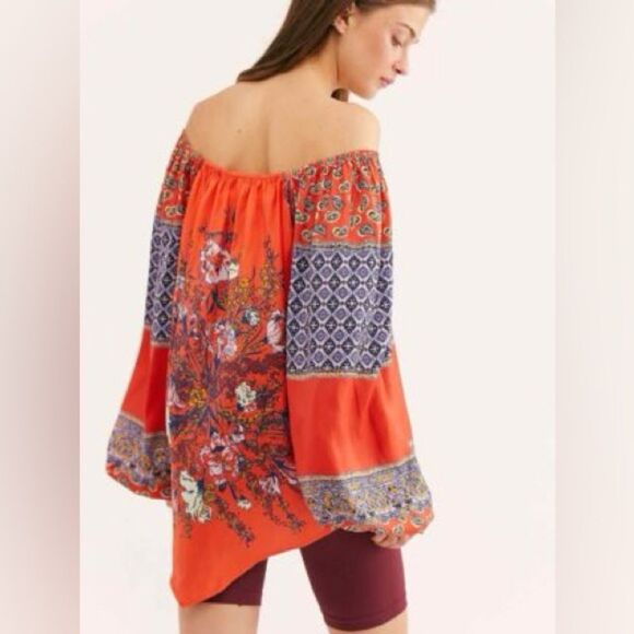 Free People Womens Positano Printed Blouse Orange Floral Off Shoulder Boho large - Picture 3 of 8
